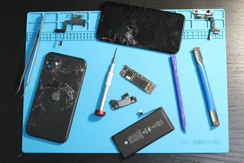 Disassembled iPhone and repair tools on a mat
