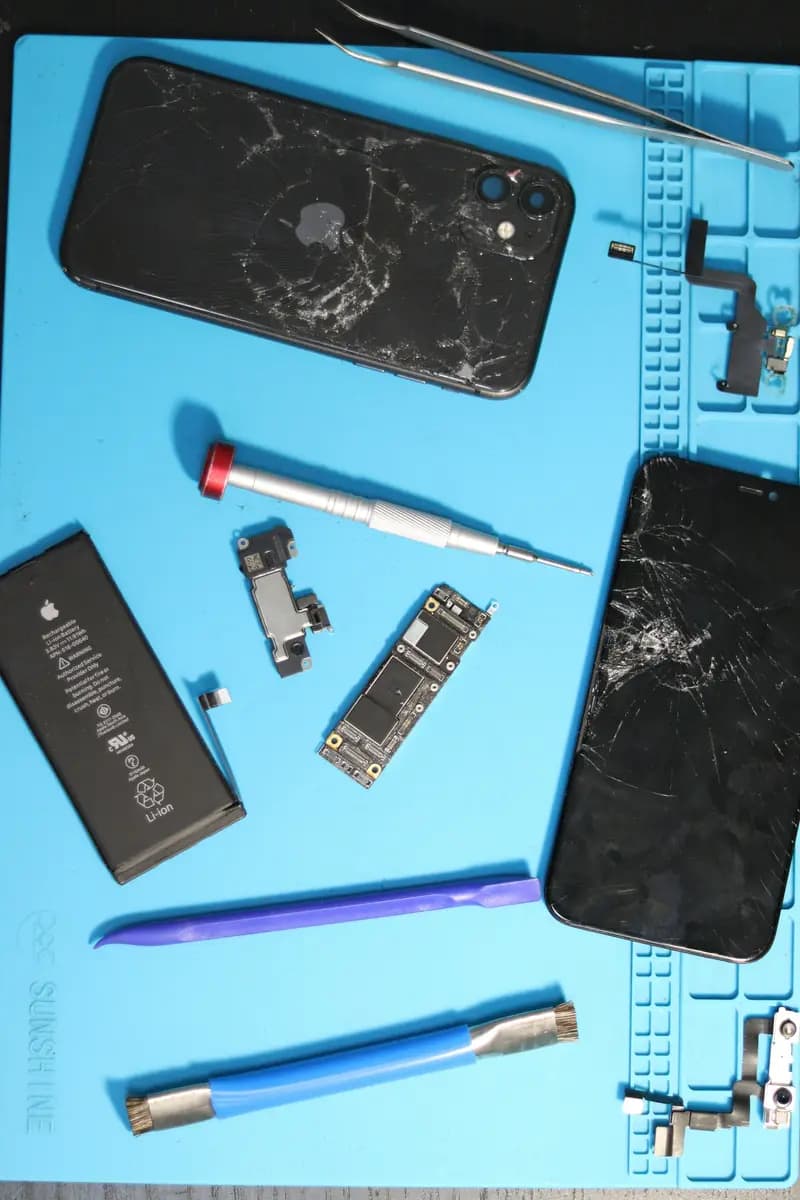 Broken phones with replacement parts and repair tools on a mat